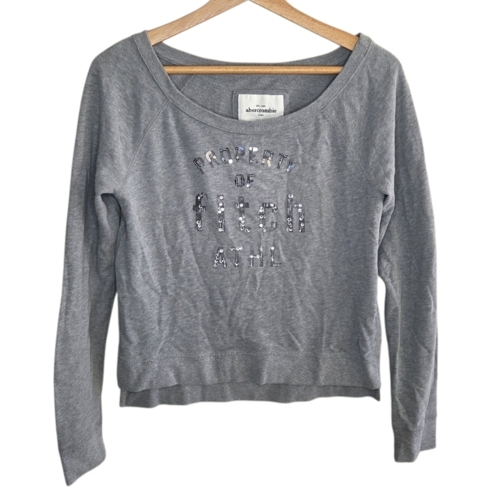 Abercrombie Kids Gray Cropped Sweatshirt Sequin Property of Fitch Athl Graphic